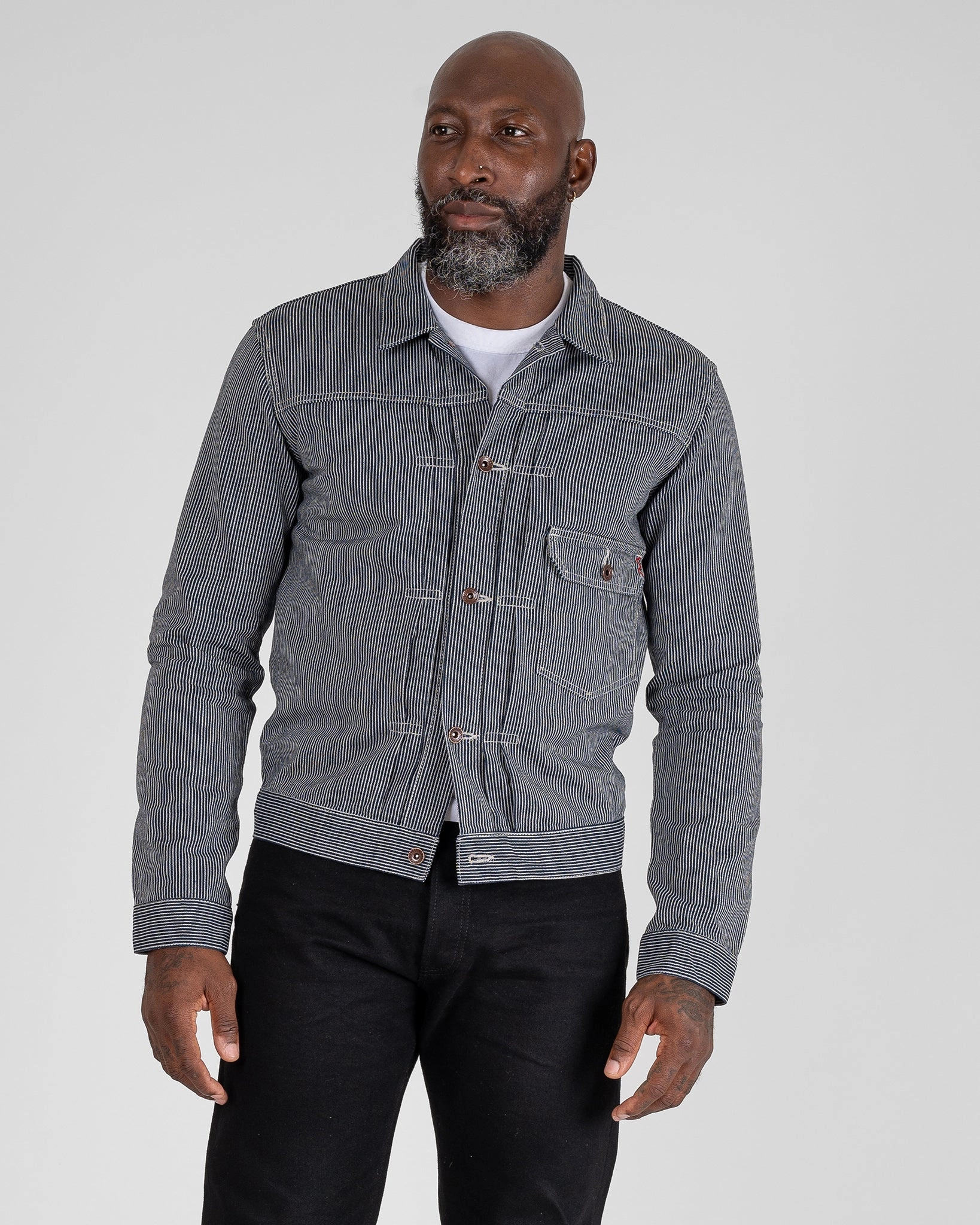 Polarized Sun Protection Headphone Hole 10.5oz Narrow Stripe Hickory Type I - Indigo