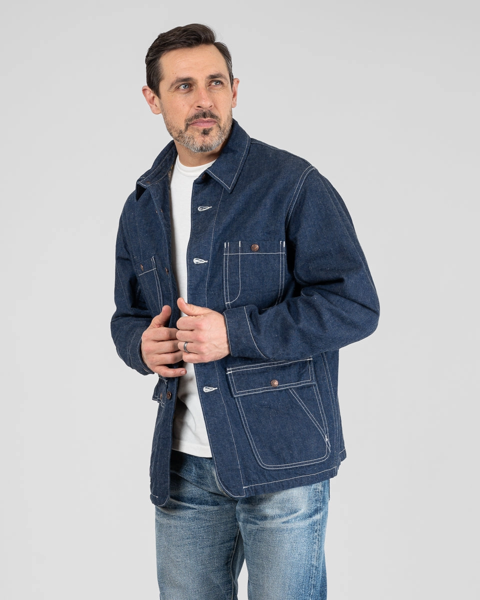 Layered Look Matte Surface Texture 10oz Selvedge Denim Blanket Lined Chore Jacket - Indigo