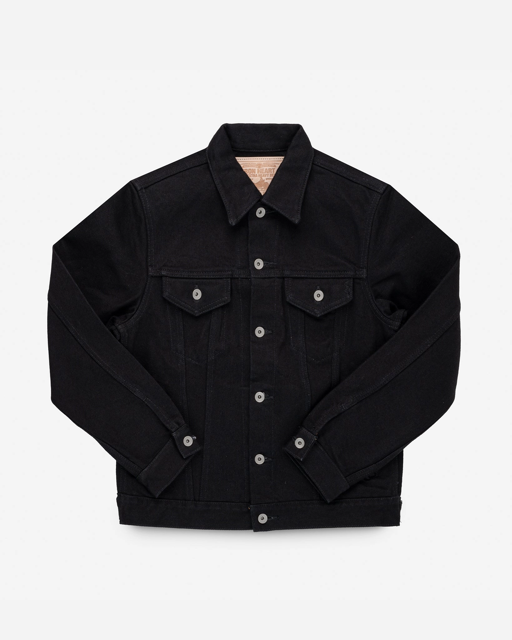 21oz Selvedge Denim Modified Type III Jacket - Superblack (Fades To Grey) High Collar Style Green Material