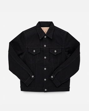 21oz Selvedge Denim Modified Type III Jacket - Superblack (Fades To Grey) High Collar Style Green Material