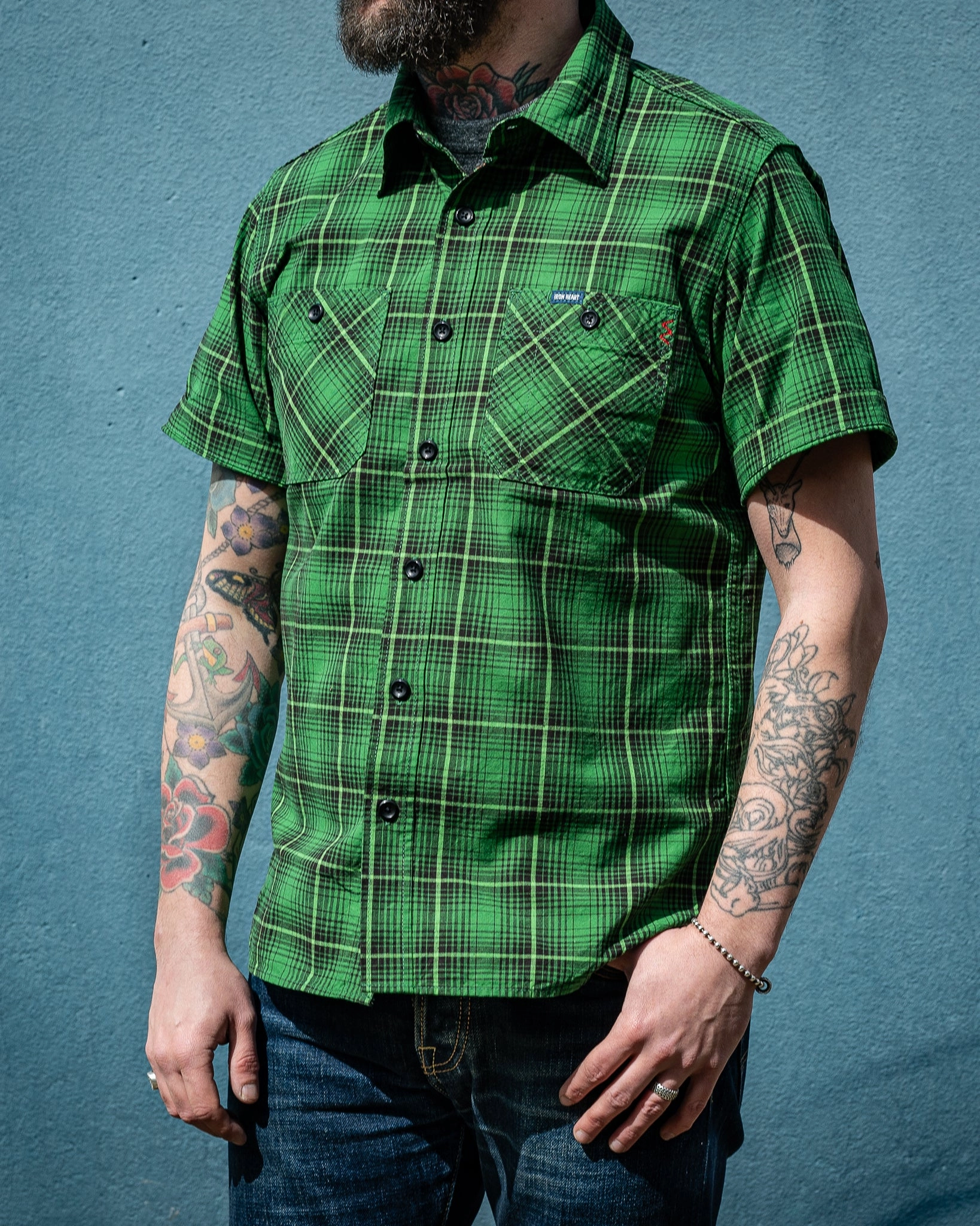 5oz Selvedge Short Sleeved Work Shirt - Green Vintage Check Nature Glow Trendy Sweatpants