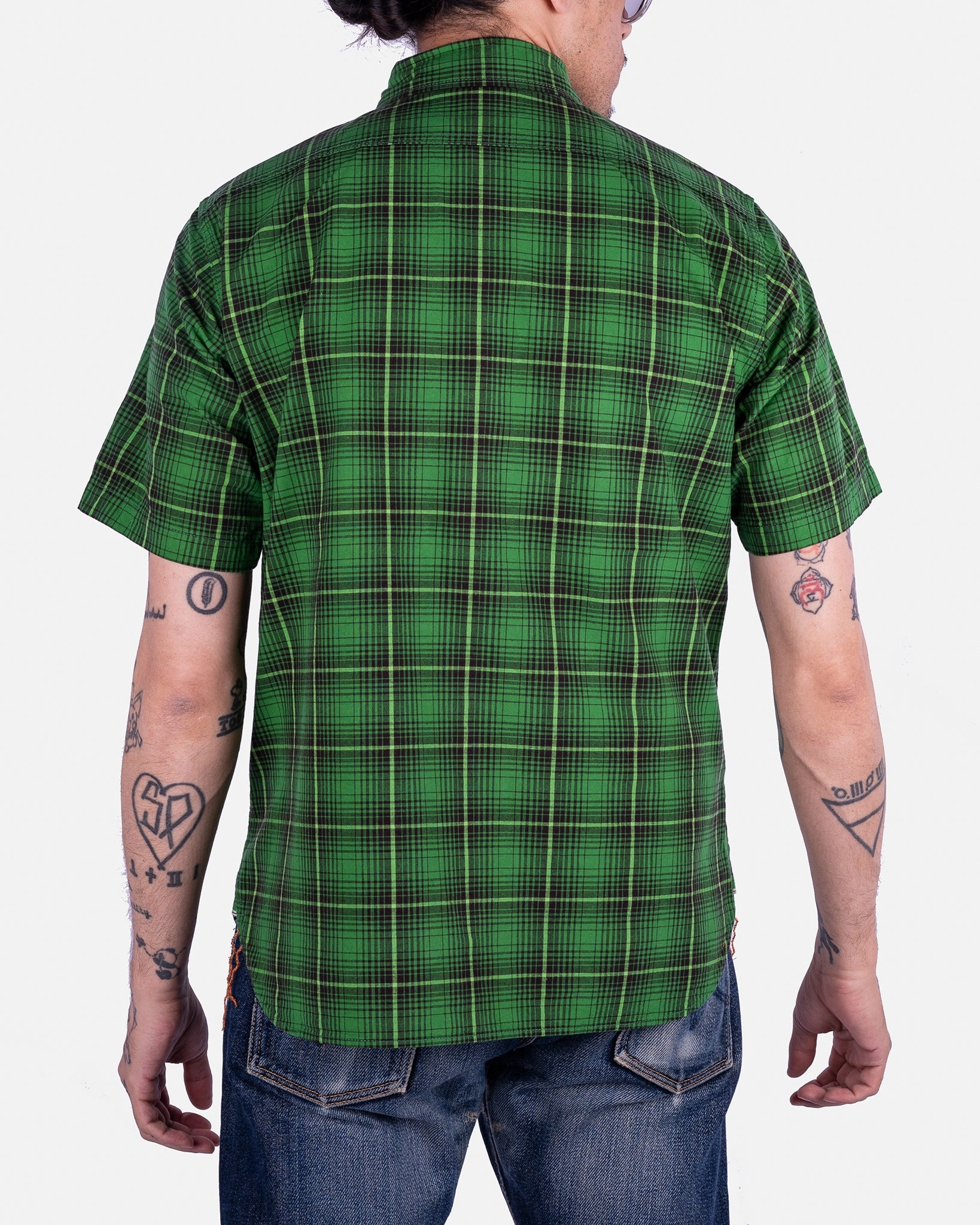 5oz Selvedge Short Sleeved Work Shirt - Green Vintage Check SustainableCertified Convertible Style