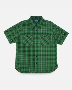5oz Selvedge Short Sleeved Work Shirt - Green Vintage Check Work Mix WaterRepellent Surface