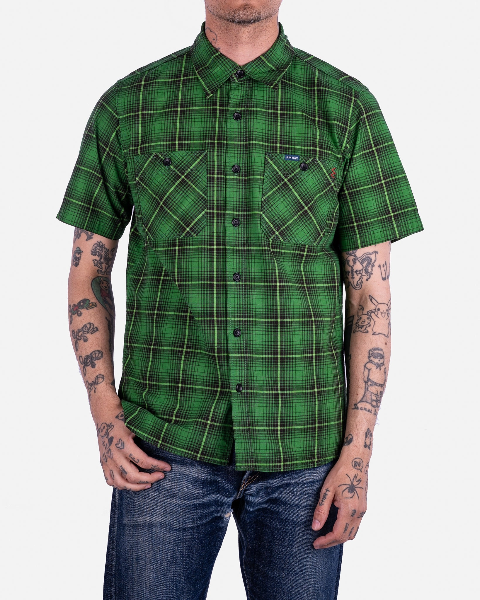 5oz Selvedge Short Sleeved Work Shirt - Green Vintage Check Warm Outerwear Model Glow
