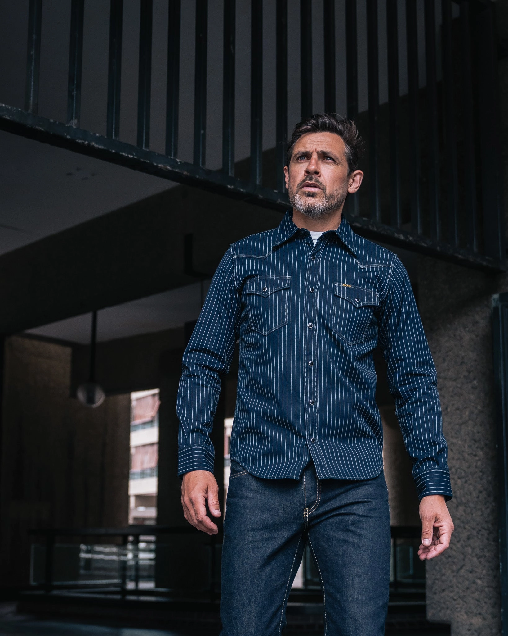 8.5oz Herringbone Stripe Western Shirt - Indigo Cyber Core