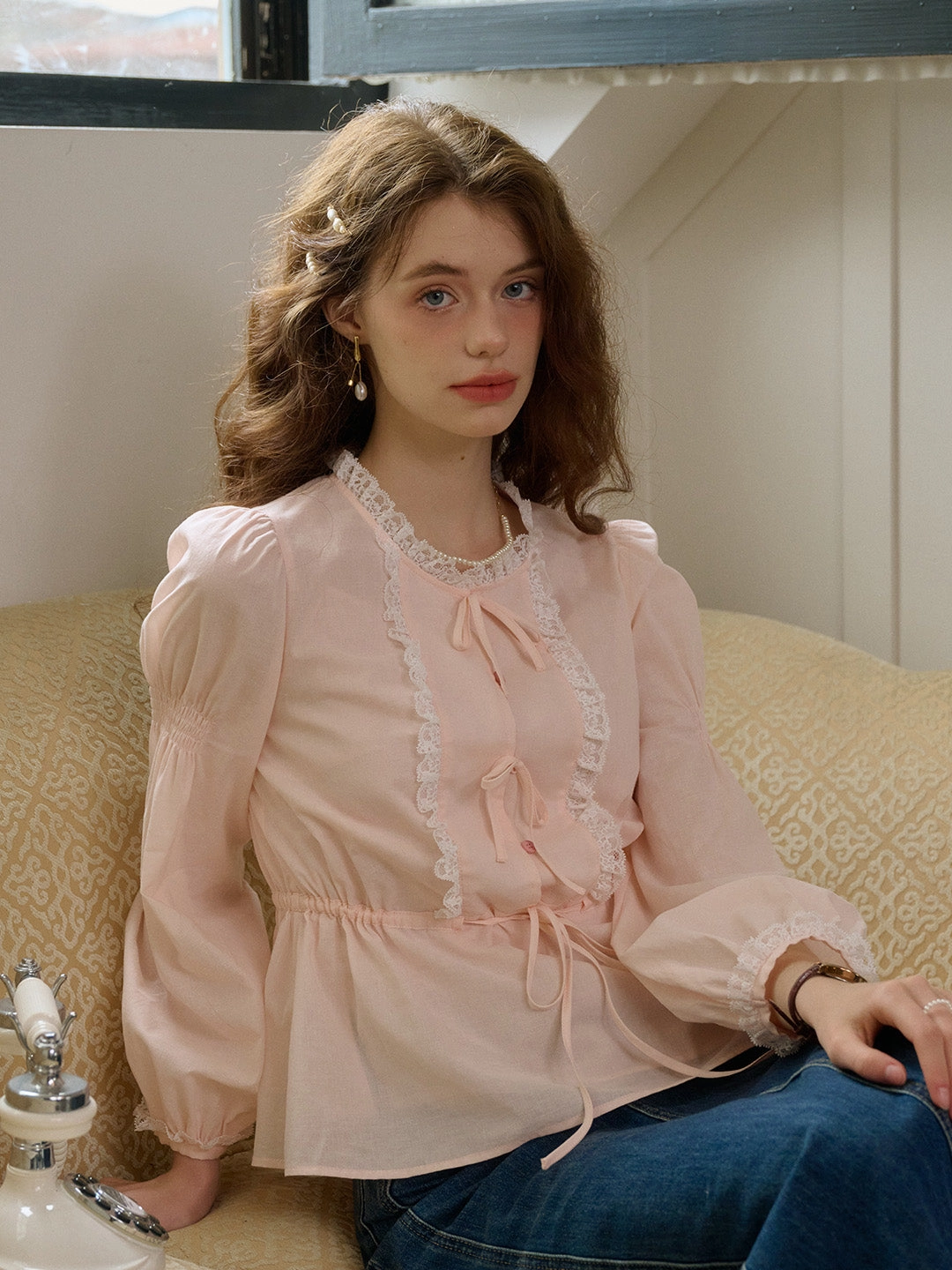 ??Final Sale??Aileen Contrast Lace Round Neck Bow Cotton Blouse Inner Glow