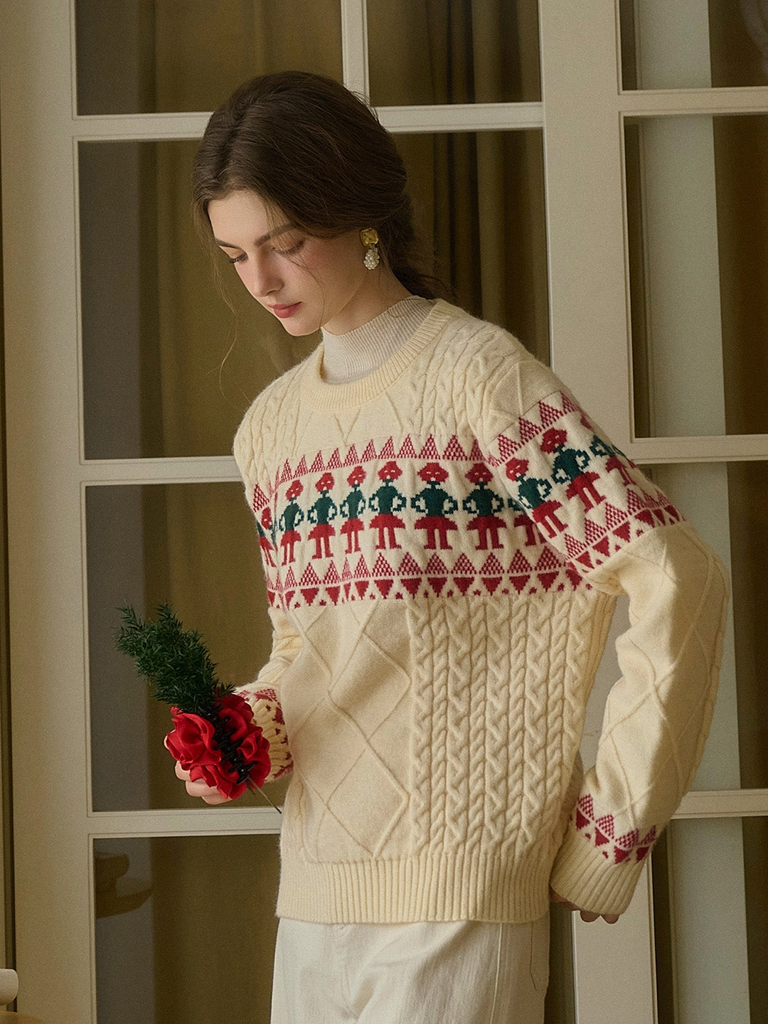 StaticResistantLining Versatile Fashion ??Final Sale??Alianna Fair Isle Ribbed Round Neck Christmas Pattern Knit Sweater