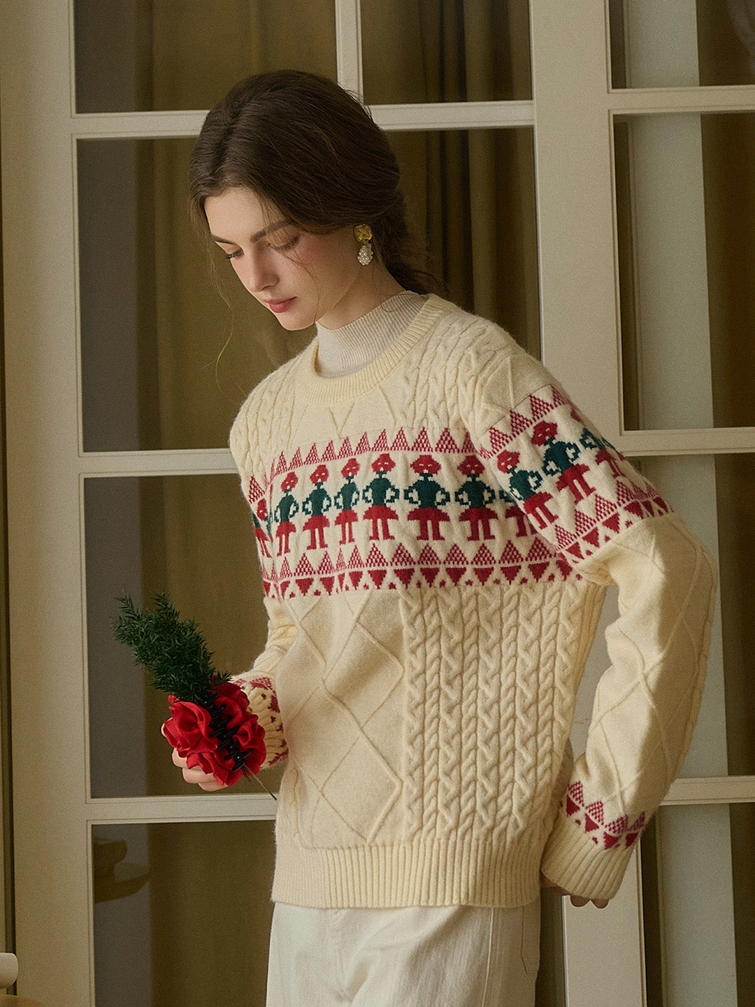 ??Final Sale??Alianna Fair Isle Ribbed Round Neck Christmas Pattern Knit Sweater Design Glow