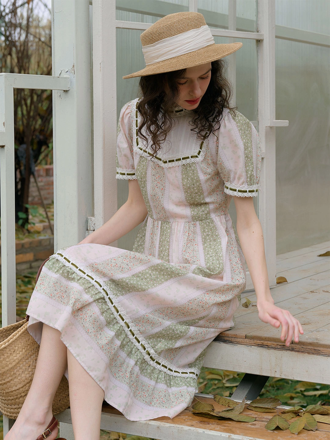 ??Final Sale??Allie Mock Neck Trim Lace Floral Print Contrast Patchwork Dress Summer Outerwear Rugged shoes