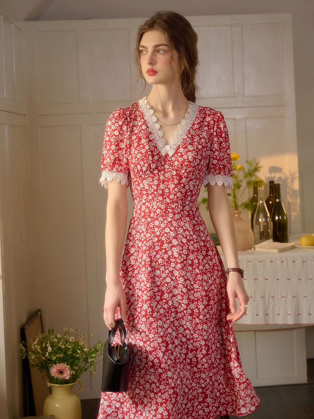 ??Final Sale??Amelia V-Neck Lace Floral Dress - Red Dad Core Casual Shirt