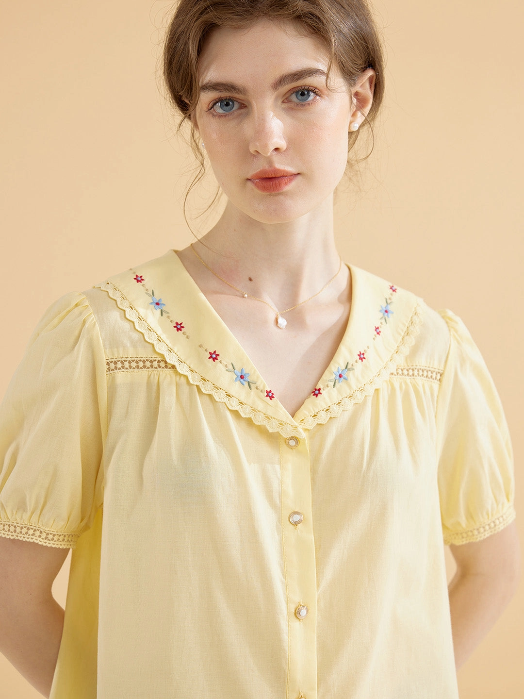 ComfortWaistband mesh ventilation ??Final Sale??Angelique Embroidered Lapel Puff Sleeve Cotton Shirt