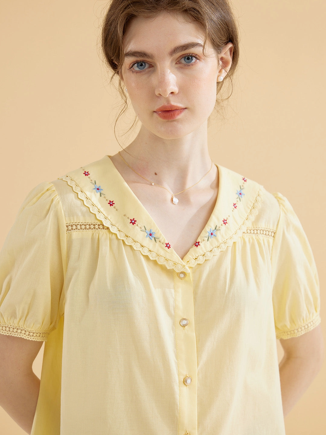 AntiOdor Fabric ??Final Sale??Angelique Embroidered Lapel Puff Sleeve Cotton Shirt