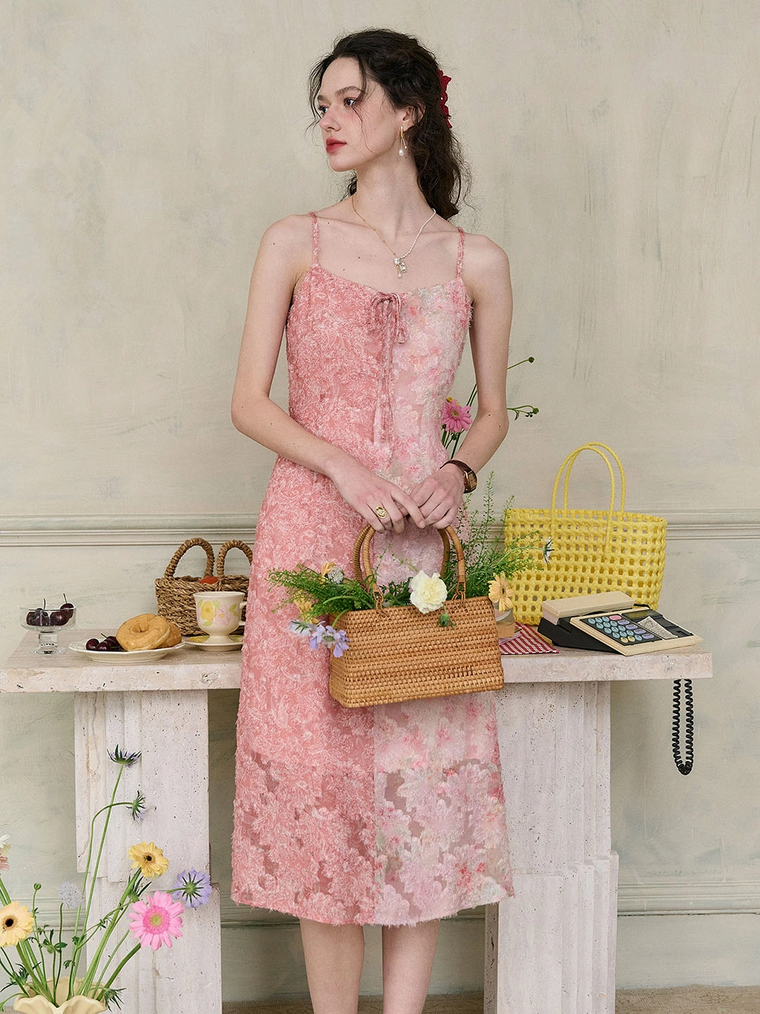 Trendy Outerwear ??Final Sale??Blaire Floral Contrast Patchwork Bow Square Neck Slip Dress