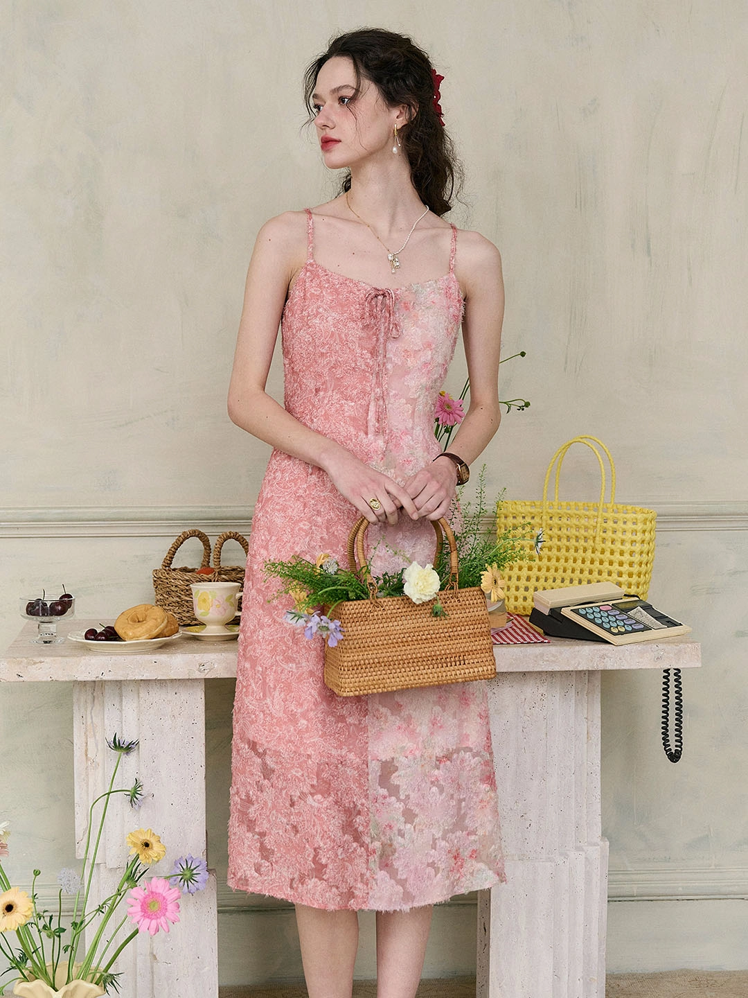 OdorResistant Fabric Warm Knit ??Final Sale??Blaire Floral Contrast Patchwork Bow Square Neck Slip Dress