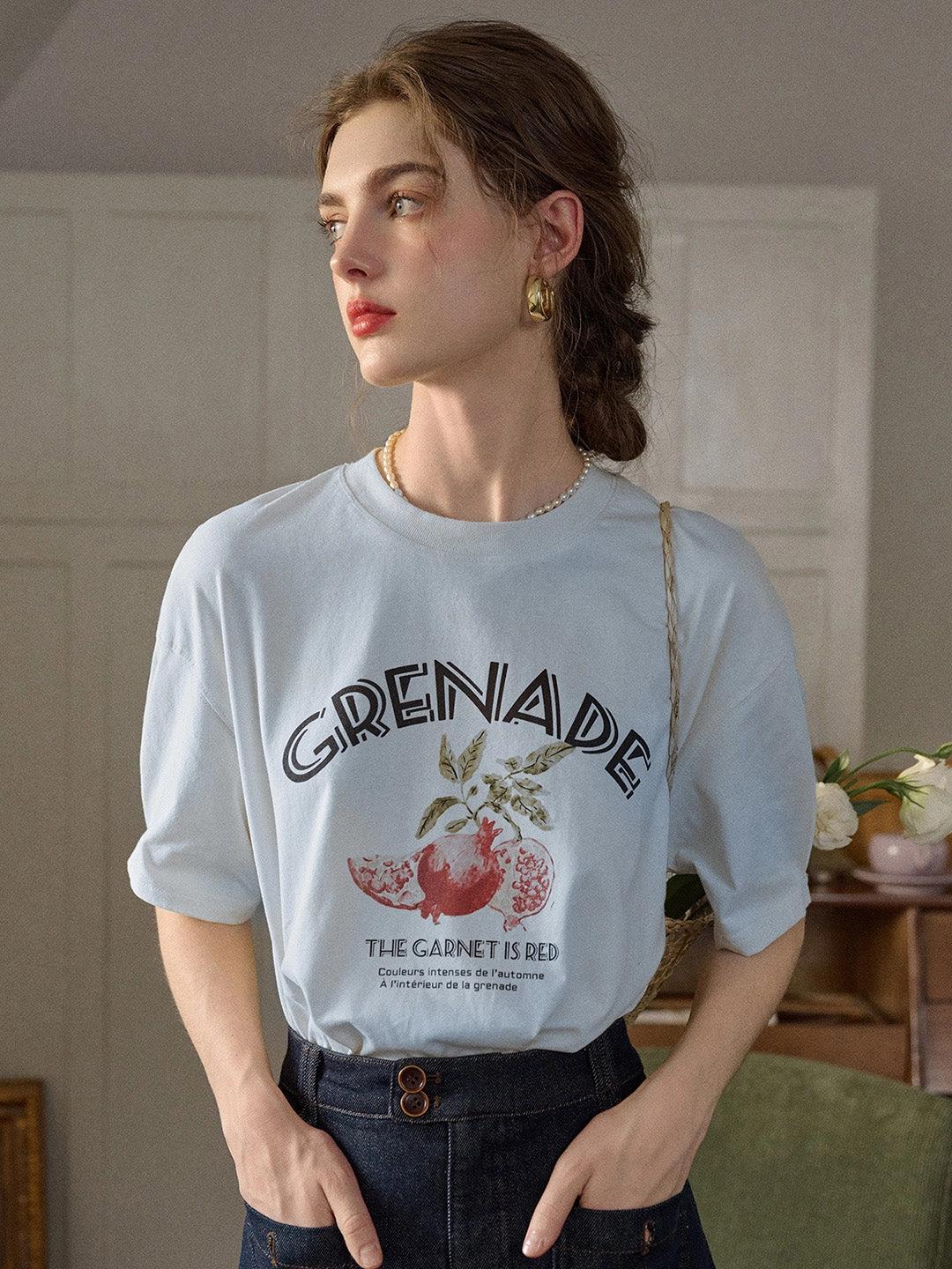 ??Final Sale??Calla Round Neck Pattern 100% Cotton T-shirt SlipResistantHem Lightweight Composite