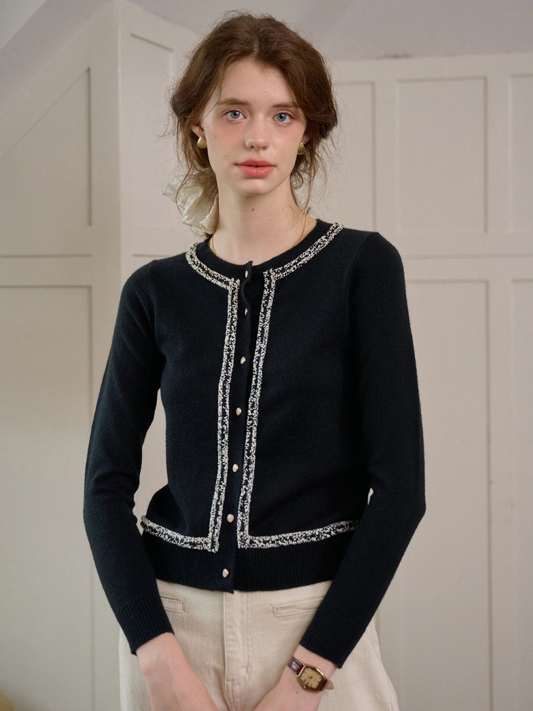 british retro QuickDryTechnology ??Final Sale??Cara Simple Contrasting Black Cardigan