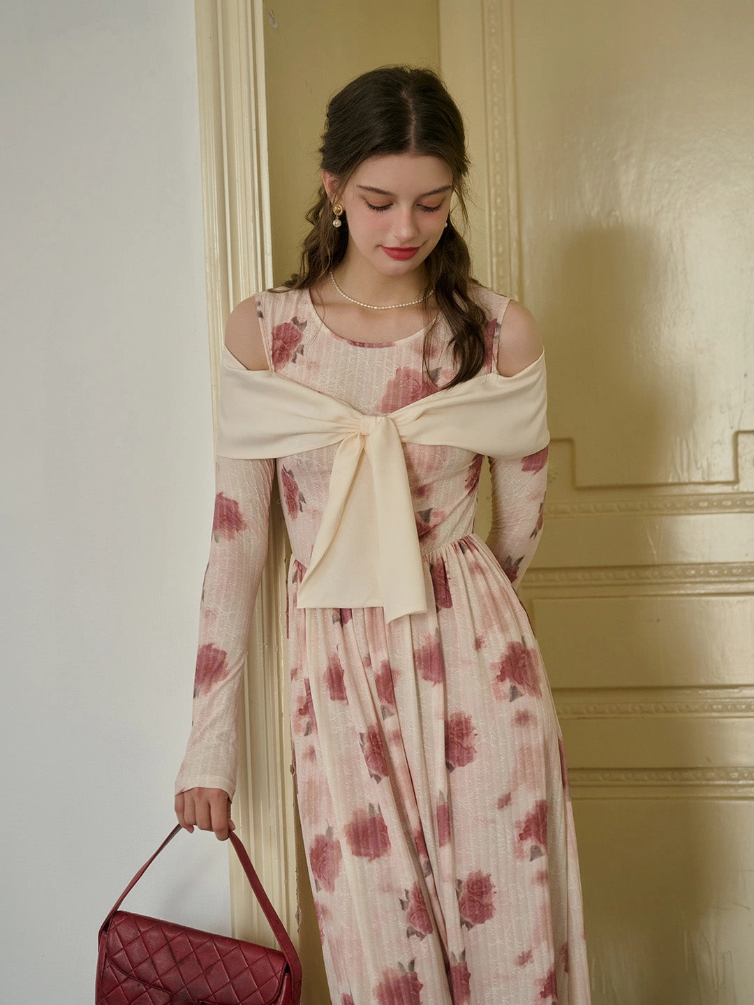 Lightweight Vest Active Gear ??Final Sale??Clare Off-The-Shoulder Bow Print Contrast Color Dress