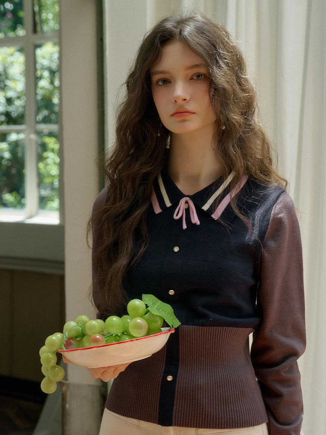 ??Final Sale??Dahlia Clashing Colours Doll Neck Bowknot Pullover Sweater Quick Wear