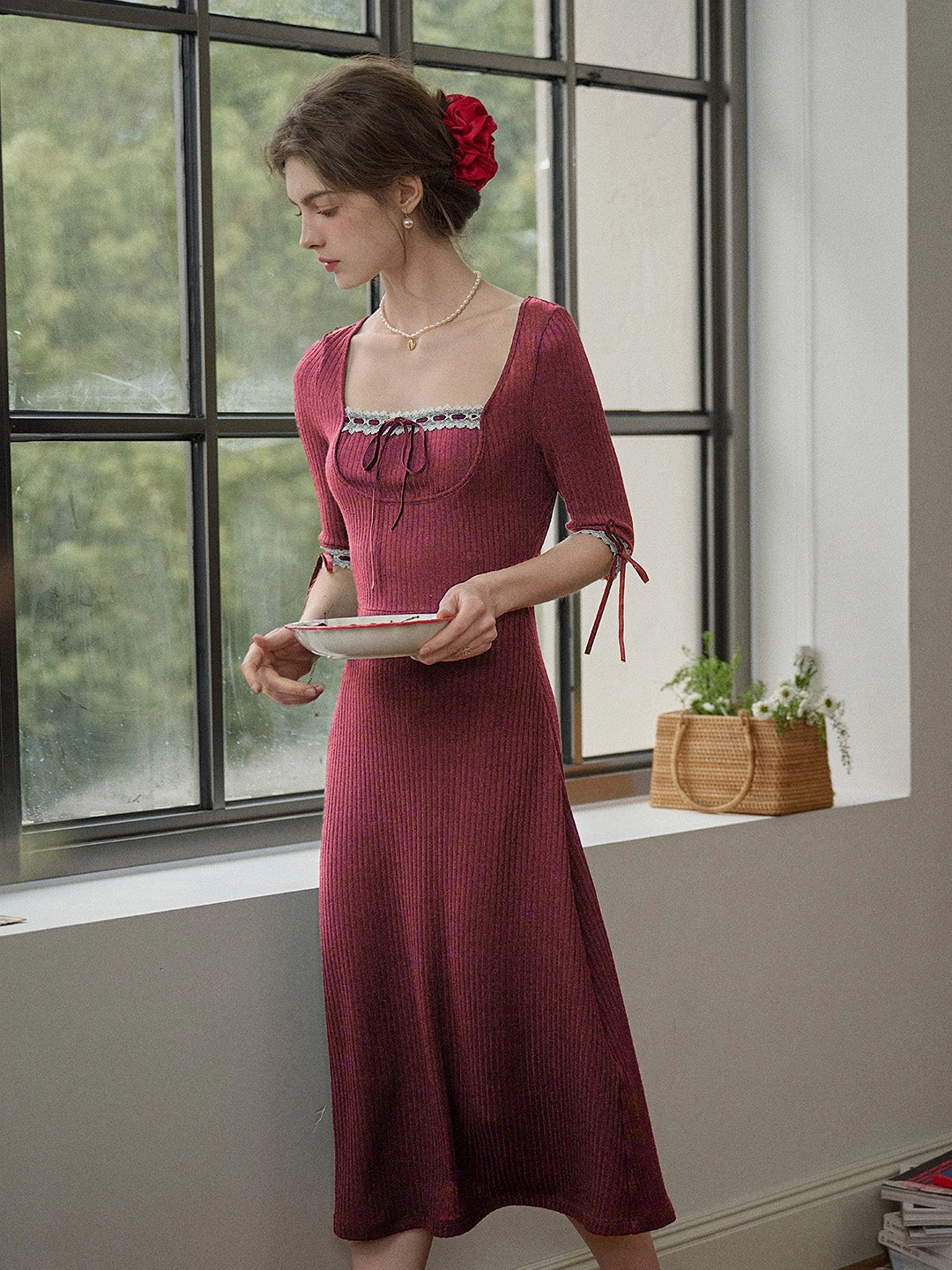 ??Final Sale??Eleanora Elegant Square Collar Lace-up Knit Dress Model Glow