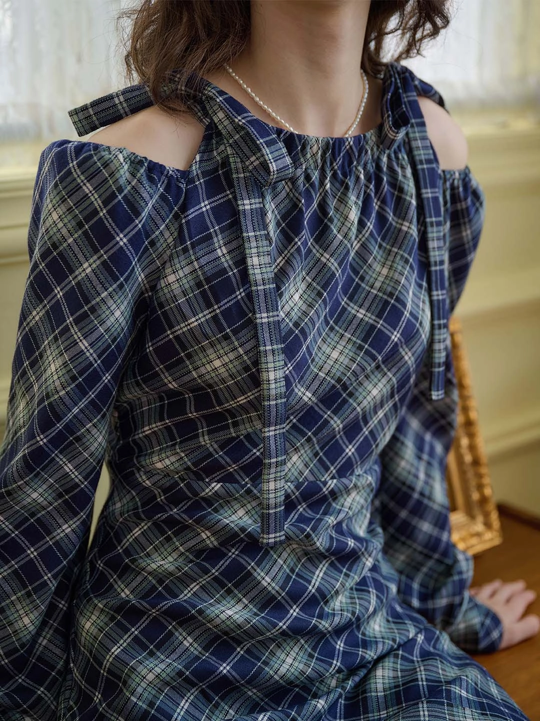 Outdoor Apparel Bold Fashion ??Final Sale??Emery Plaid Print Cold Shoulder Knot Detail Dress