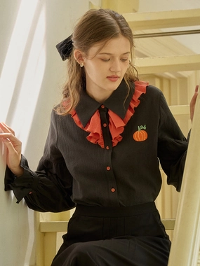 ??Final Sale??Emryn Contrast Panels Pumpkin Halloween Shirt Glow Up