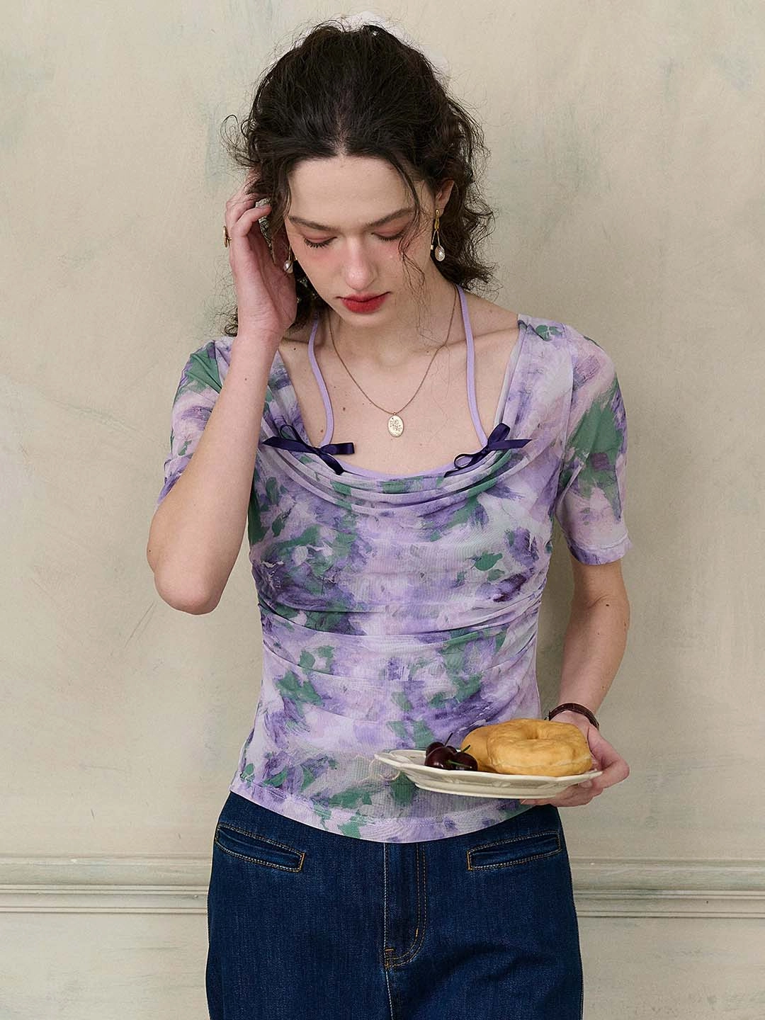 Reinforced Hem Noble Grace ??Final Sale??Frankie Floral Print Contrast Color Bow Top