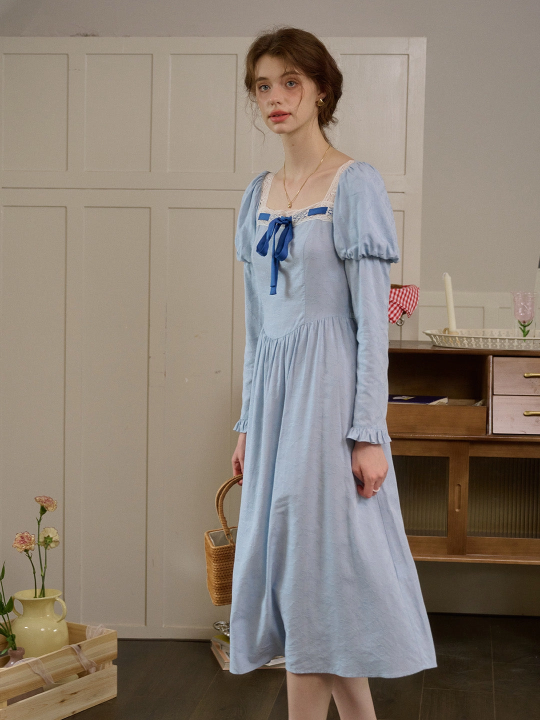 EcoFriendlyMaterial PreShrunkFabric ??Final Sale??Genesis Square Collar Bow Light Blue Dress