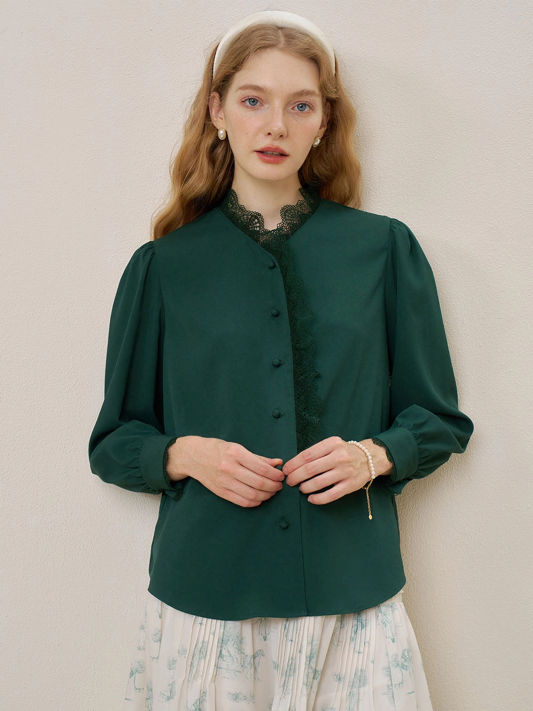??Final Sale??Hanna Puff Sleeve Green Lace Blouse OekoTexCertified