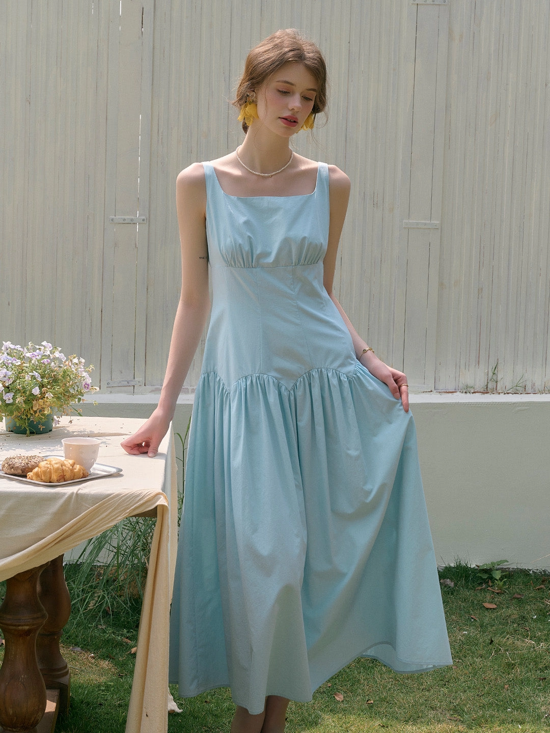 ??Final Sale??Jemma Square Neck Patchwork Dress - Green Sporty Look Pearl Tone