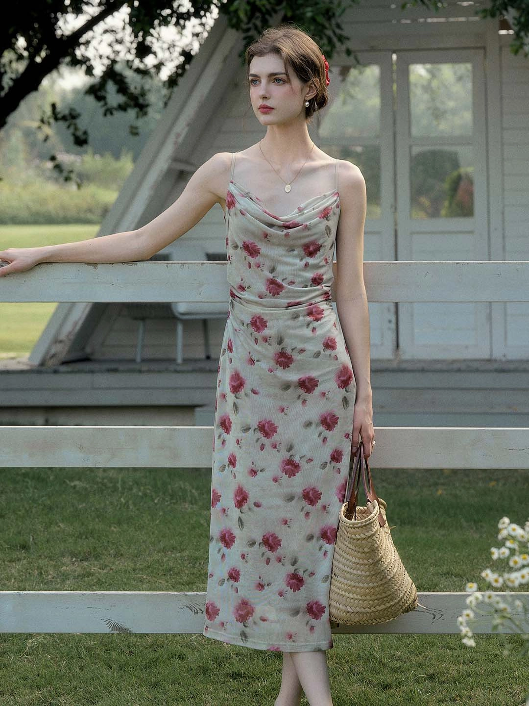 Sporty Look WrinkleFreeFabric ??Final Sale??Kaia Romantic Rose Print Slim Fit Slip Dress