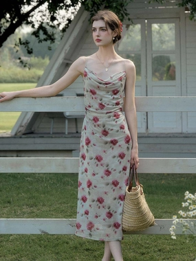 ReinforcedHem FlatlockSeaming ??Final Sale??Kaia Romantic Rose Print Slim Fit Slip Dress