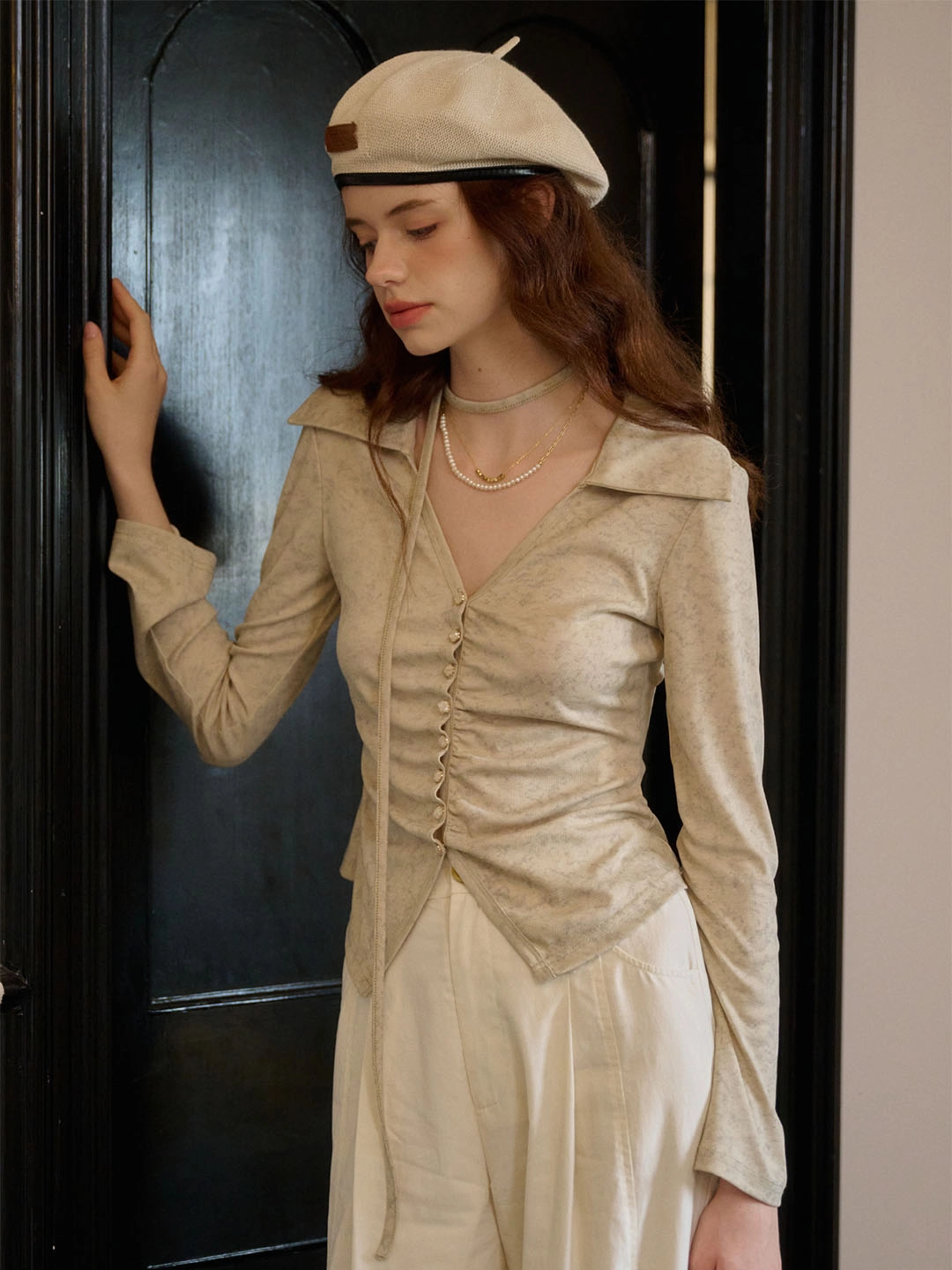 Lightweight Vest ??Final Sale??Kaliyah V-neck Pleated Button Printed Knitted Cardigan