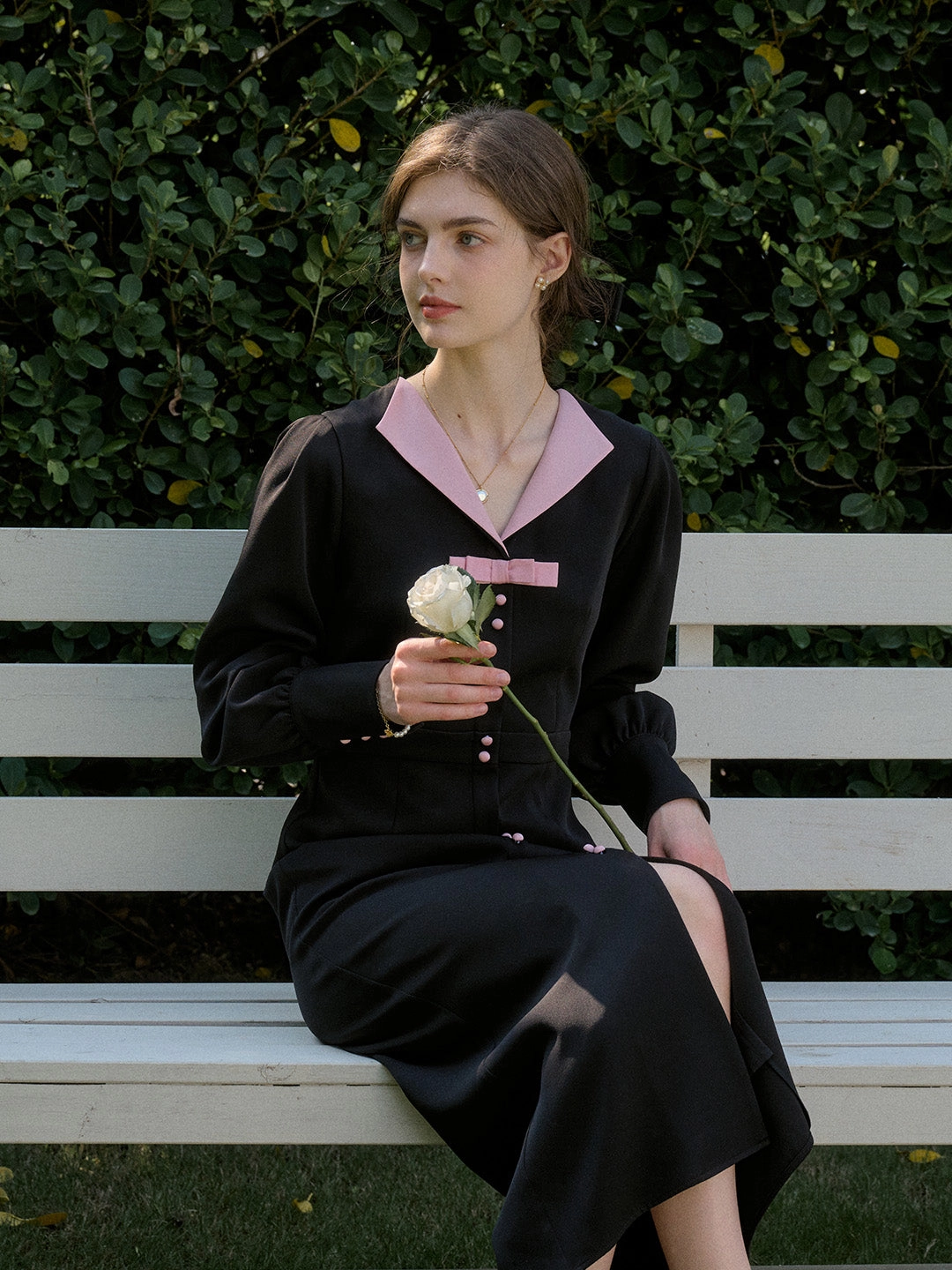 Summer Outerwear ??Final Sale??Karter Notched Lapel Contrasting Button Bow Dress