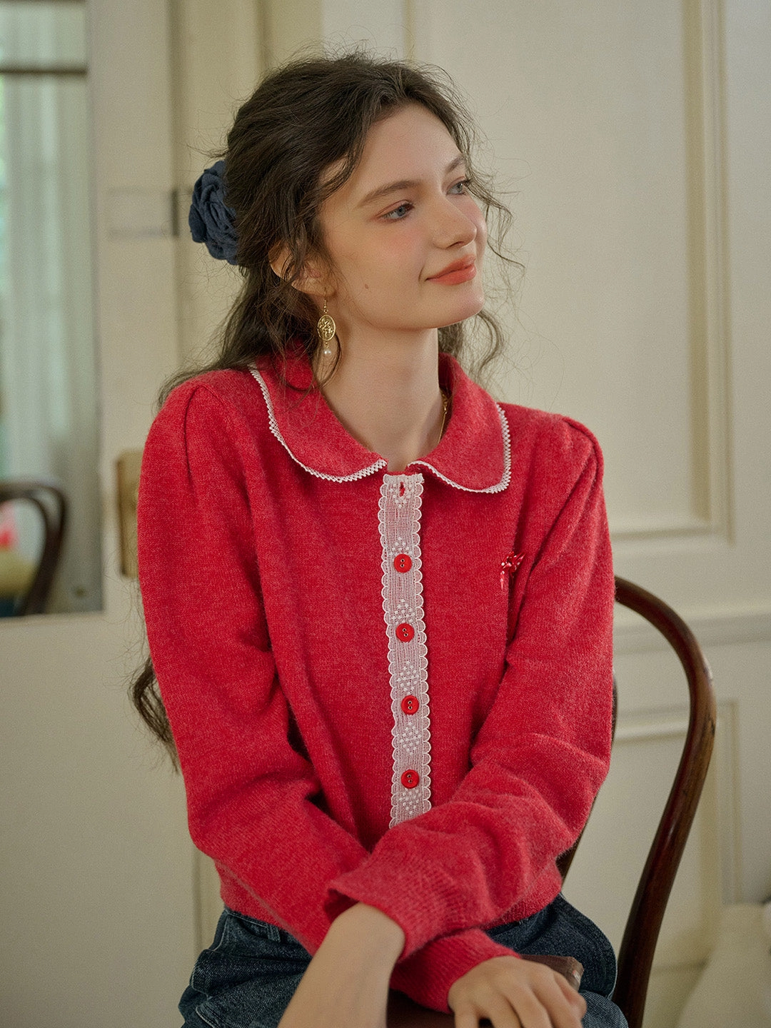 PrecisionTailoring ??Final Sale??Laylah Doll Neck Collision Lace Sweater Cardigan