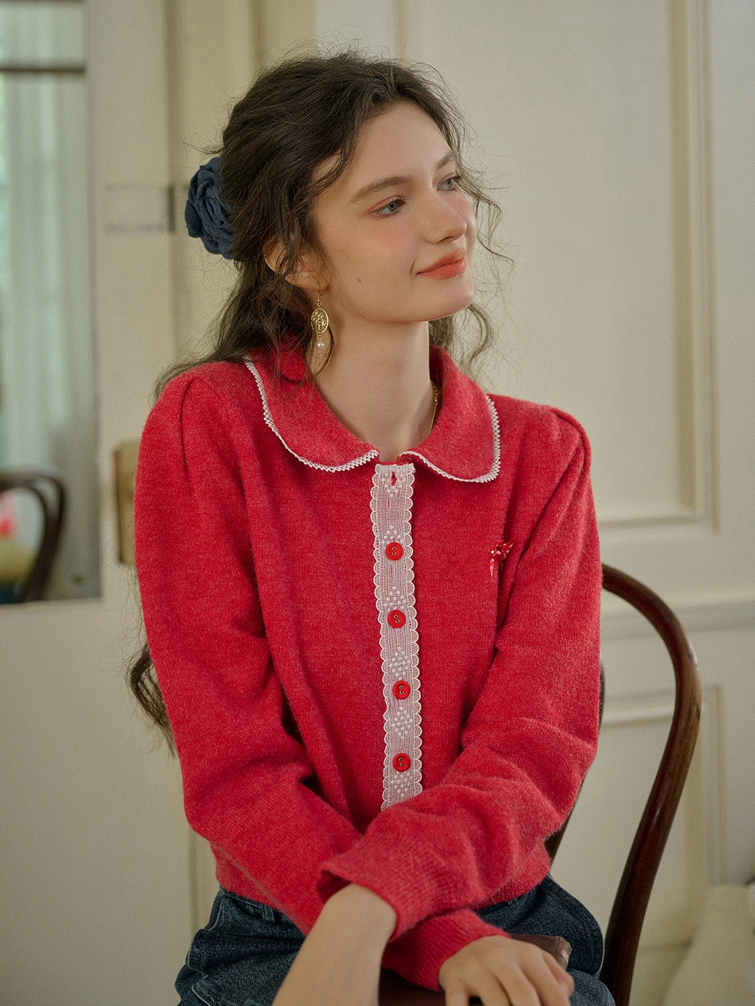 Fresh Ease ??Final Sale??Laylah Doll Neck Collision Lace Sweater Cardigan