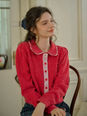 Easy Layering EcoCertifiedTextile ??Final Sale??Laylah Doll Neck Collision Lace Sweater Cardigan