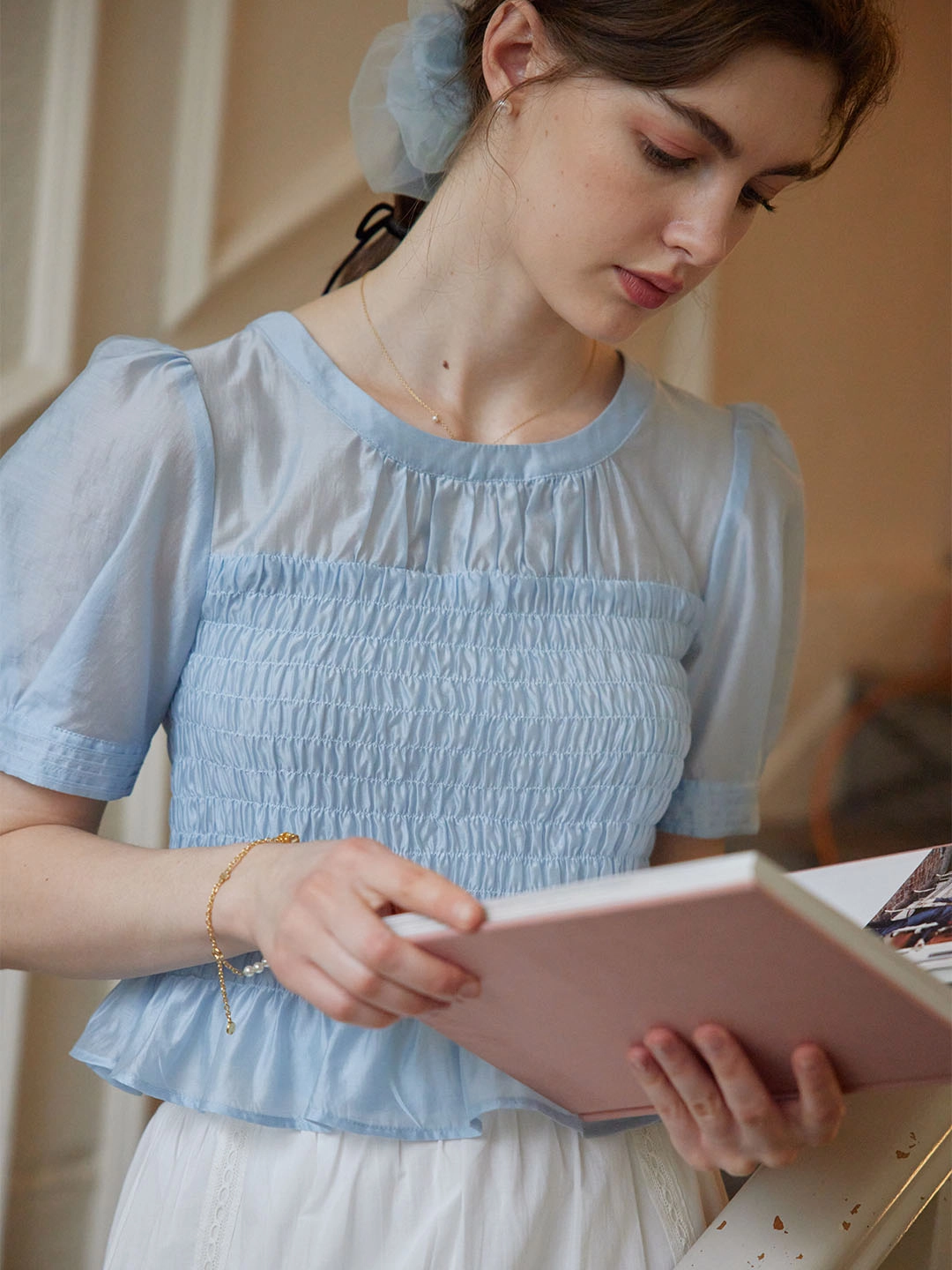 ??Final Sale??Lillie Vintage Court Ruffle Puff Sleeve Blouse MoistureControl Fabric