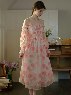 ??Final Sale??Lucille Ruffle Lantern Sleeve Slip Dress Ocean Fit