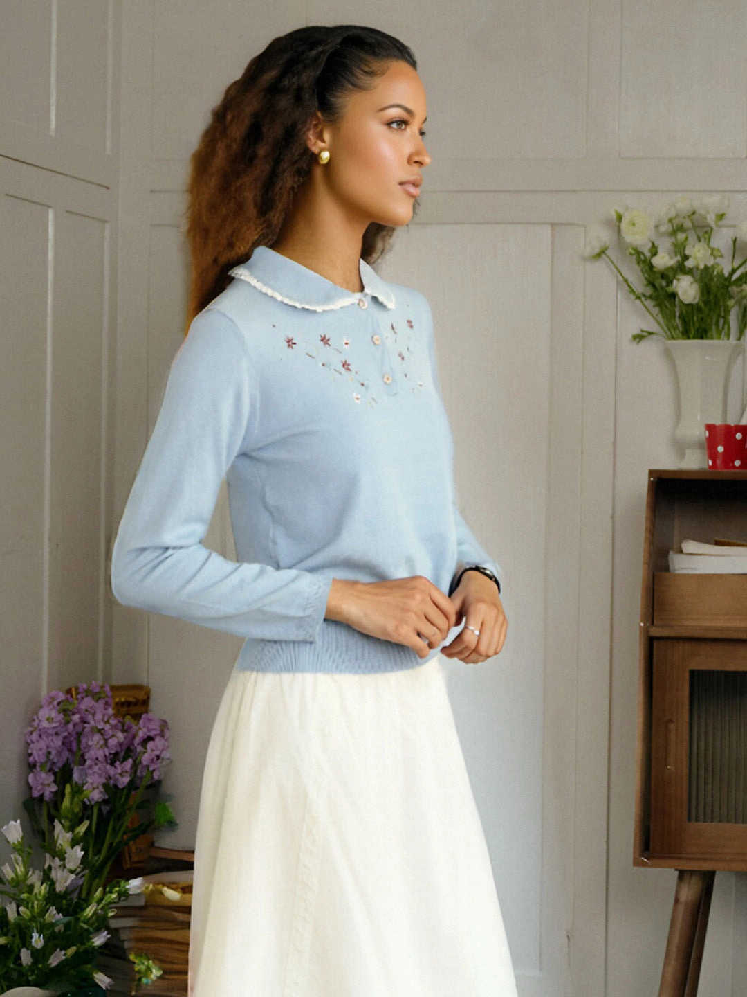 ??Final Sale??Martha Peter Pan Collar Embroidery Sweater ElasticCuffDesign