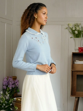 ??Final Sale??Martha Peter Pan Collar Embroidery Sweater ElasticCuffDesign