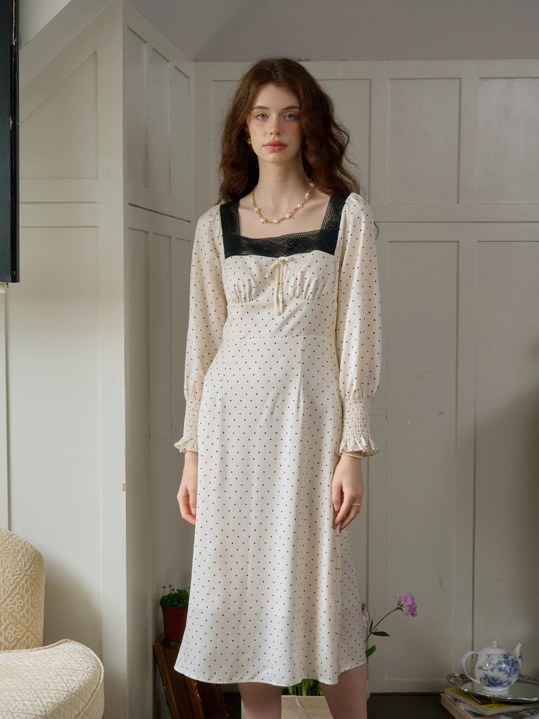 AllSeasonWear AbrasionResistantThread ??Final Sale??Mazie Square Collar Polka Dots Contrasting Lace-up Dress