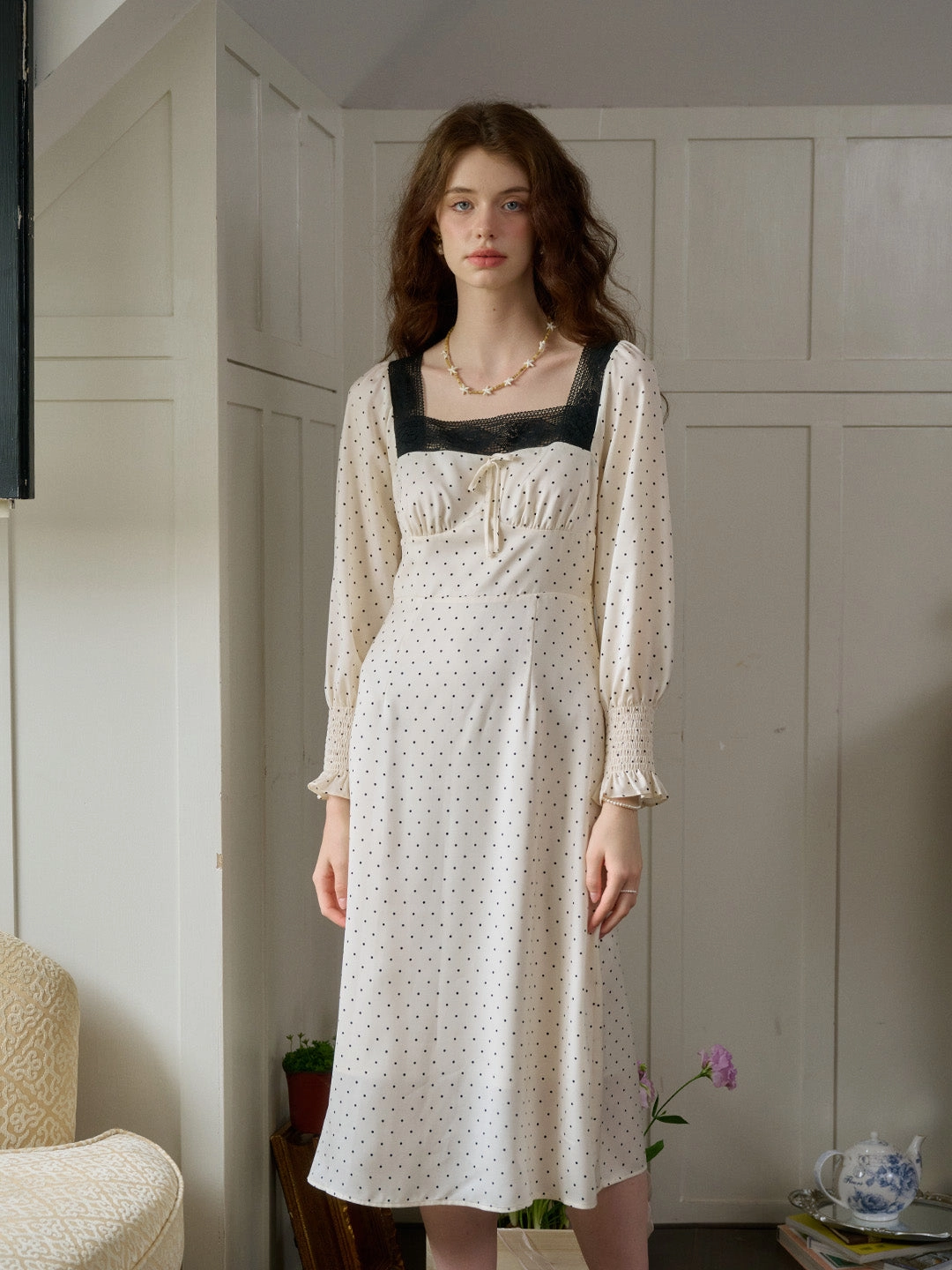 FrictionReducing Lining Legend Glow ??Final Sale??Mazie Square Collar Polka Dots Contrasting Lace-up Dress