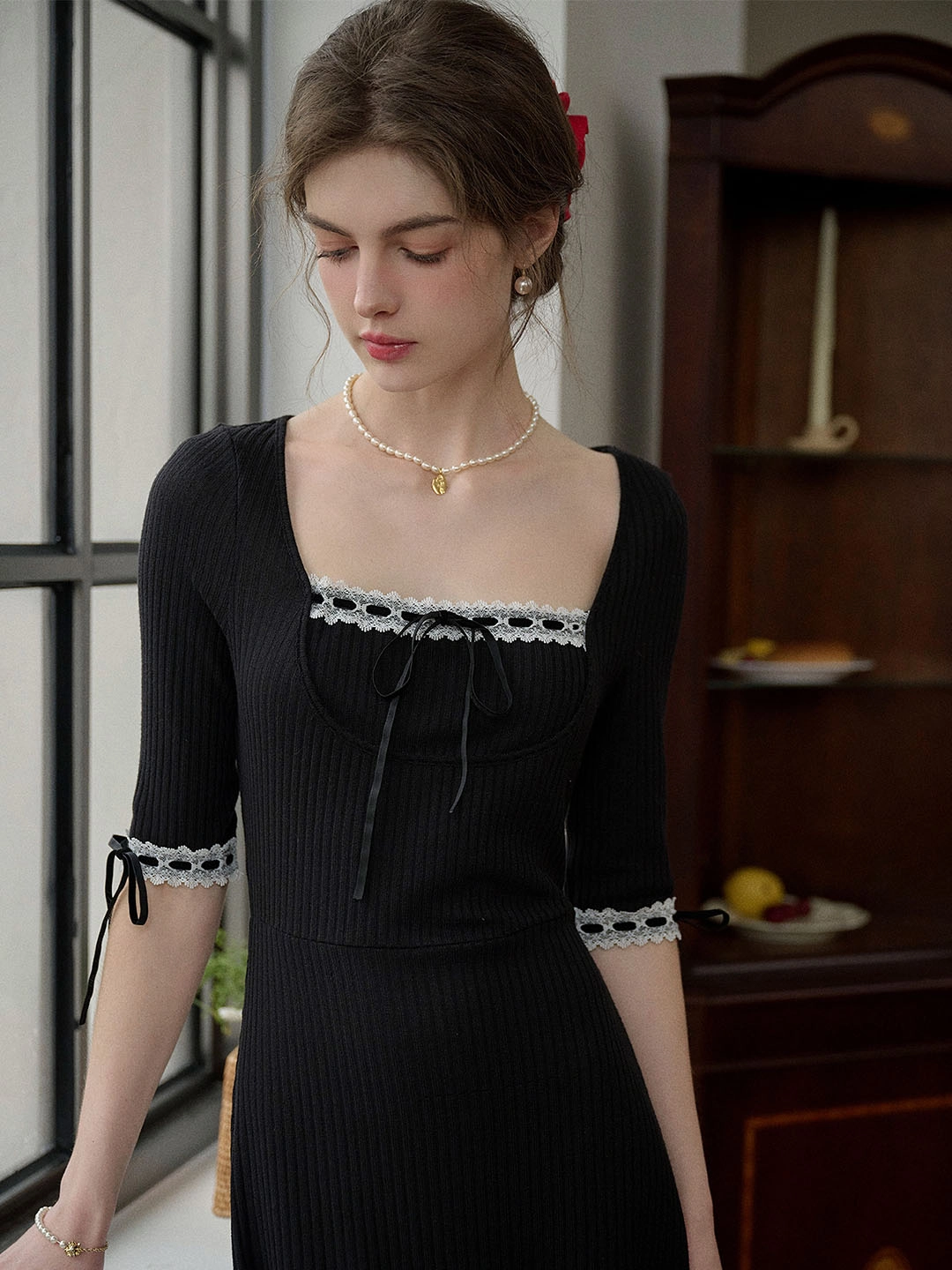 ??Final Sale??Michelle Bow Lace Square Neck Knitted Color Block Dress ElasticWaistband Chic Fit