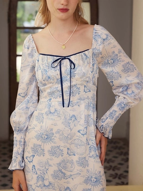 Smart Wear Organic Cotton Certification ??Final Sale??Mila Elegant Square Neck Contrast Print Dress