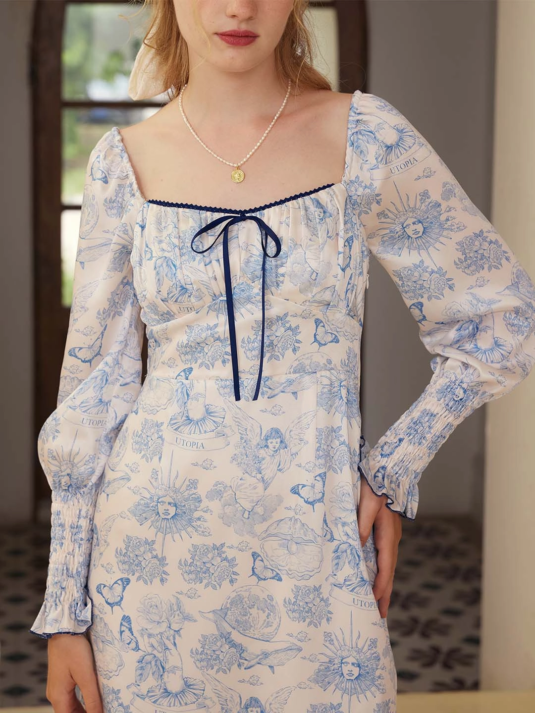 Smart Wear Organic Cotton Certification ??Final Sale??Mila Elegant Square Neck Contrast Print Dress