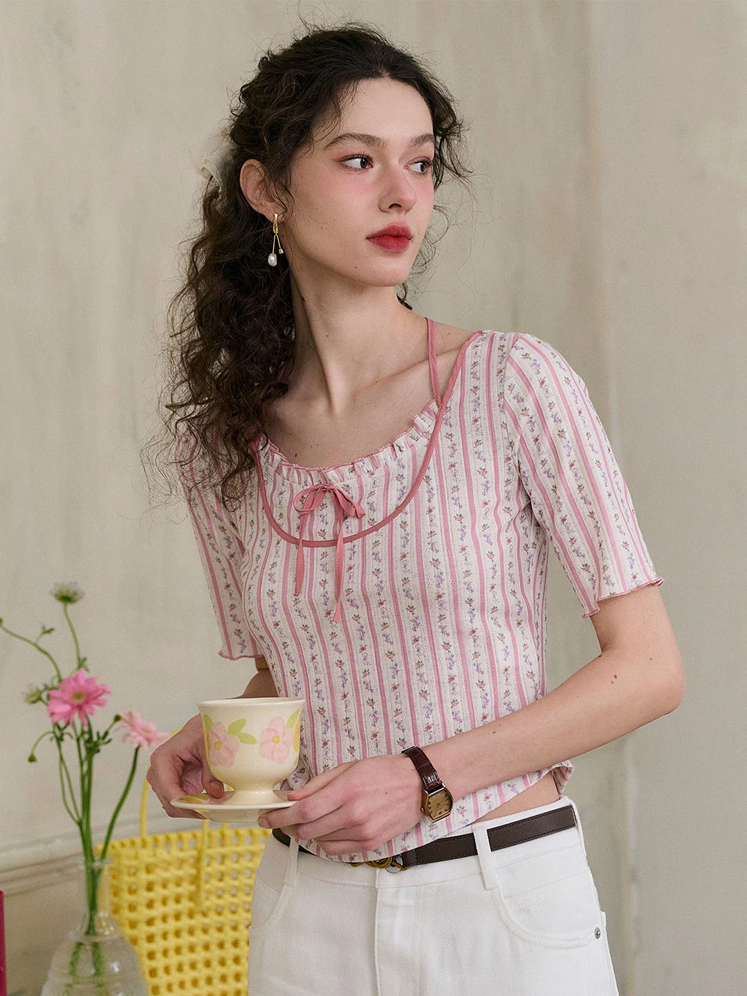 slim fit MoistureWickingMaterial ??Final Sale??Nadia Round Neck Bow Contrast Rose Floral Print Striped Knit T-shirt