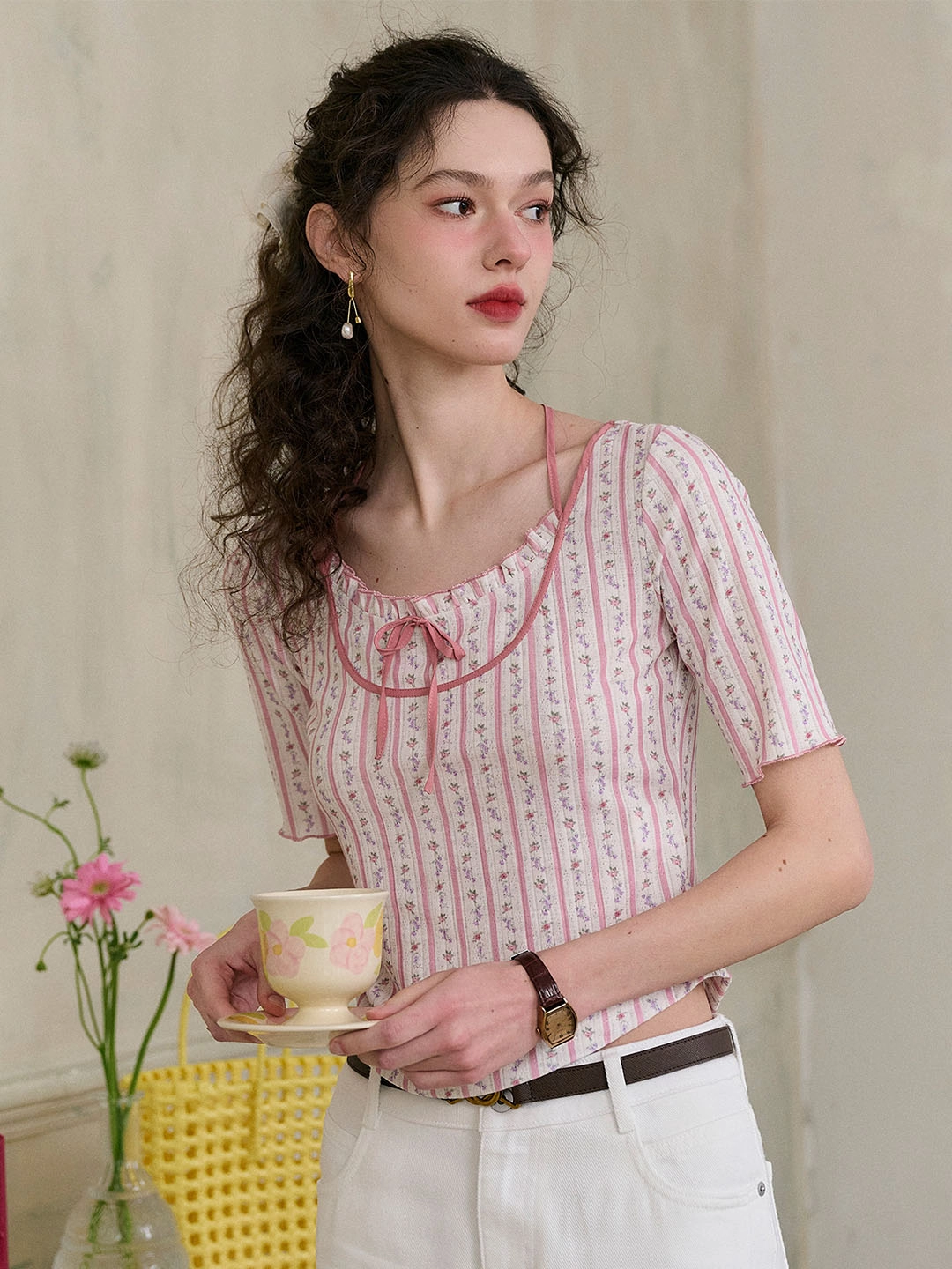 Breathable Style ??Final Sale??Nadia Round Neck Bow Contrast Rose Floral Print Striped Knit T-shirt