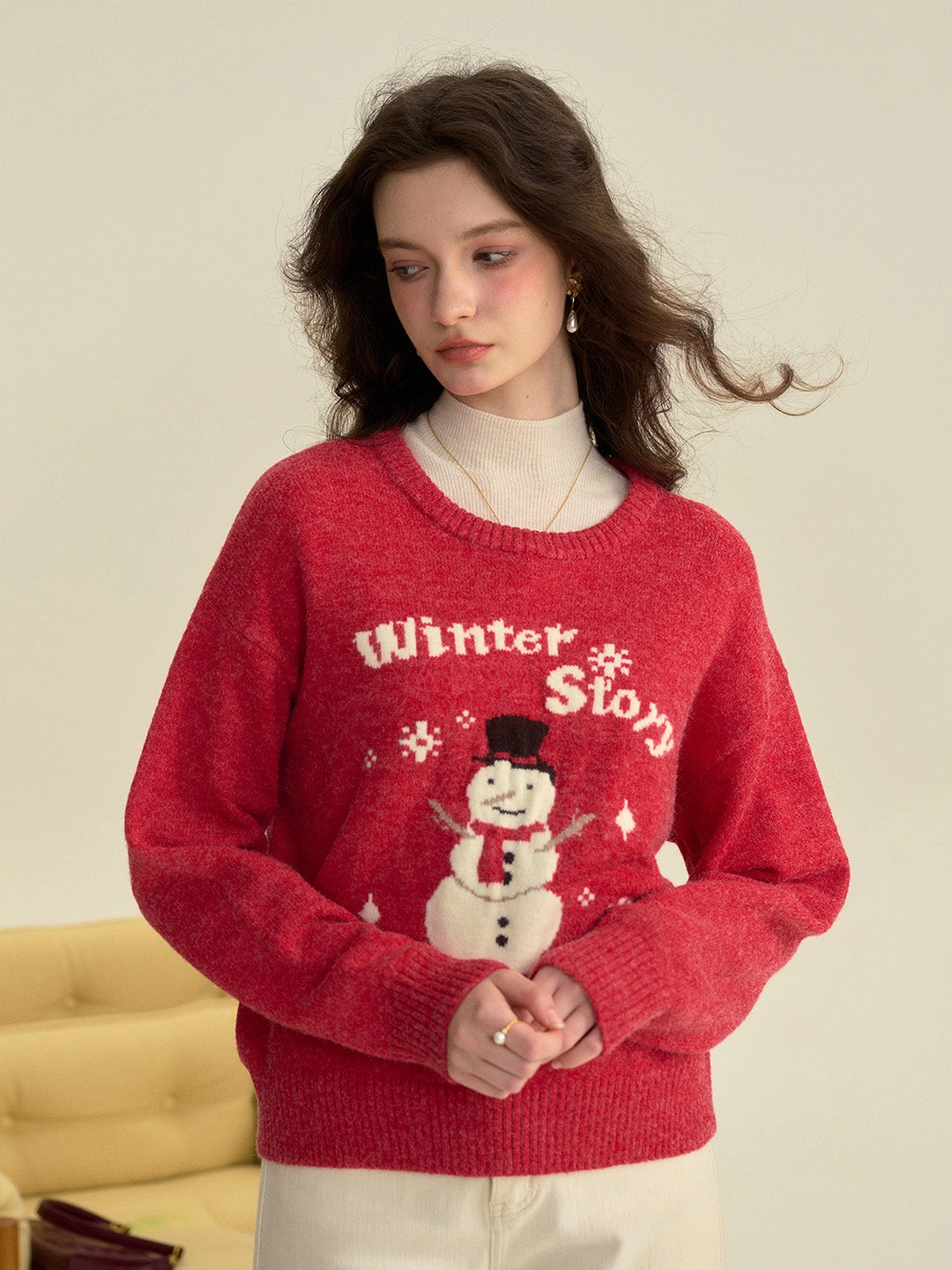 LayeredConstruction Daywear Style ??Final Sale??Natalie Round Neck Snowman Wool Sweater