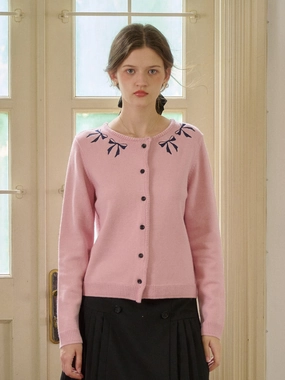 Pure Linen Blend FourWay Stretch ??Final Sale??Nyx Round Neck Contrasting Embroidery Bow Cardigan