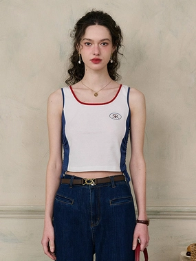 ??Final Sale??Ophelia Round Neck  SR Logo Camisole Top VersatileStyle Layered Paneling